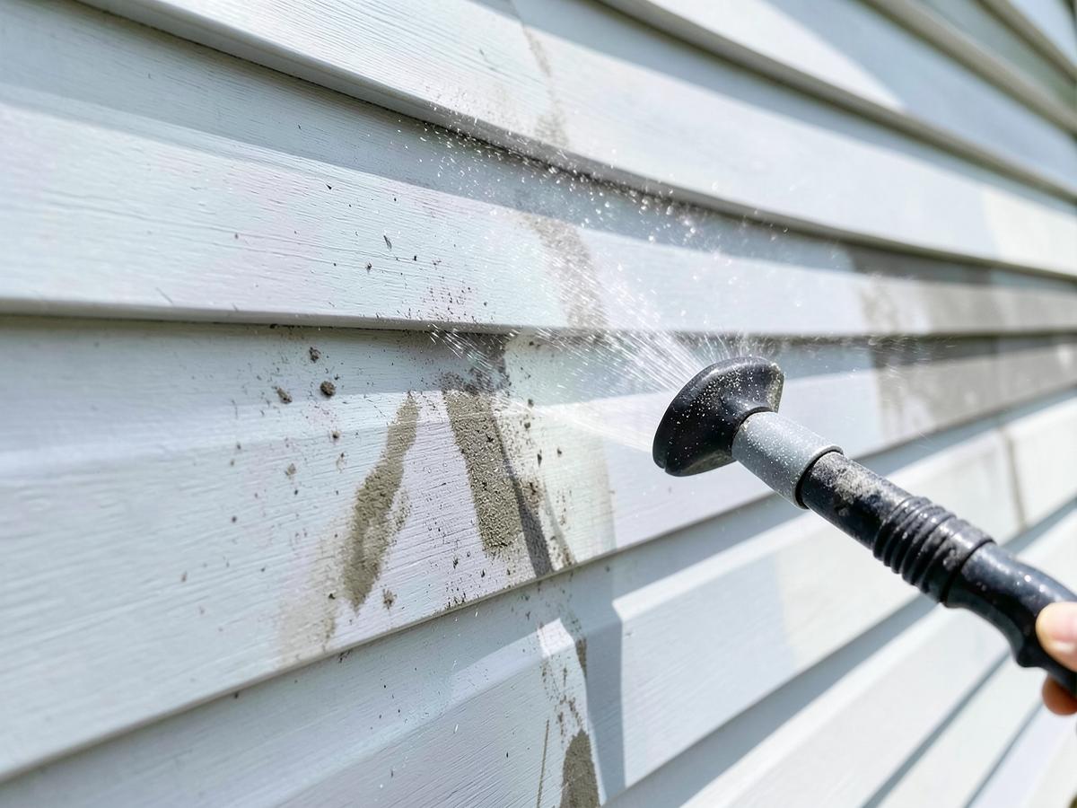 Soft washing light gray vinyl siding