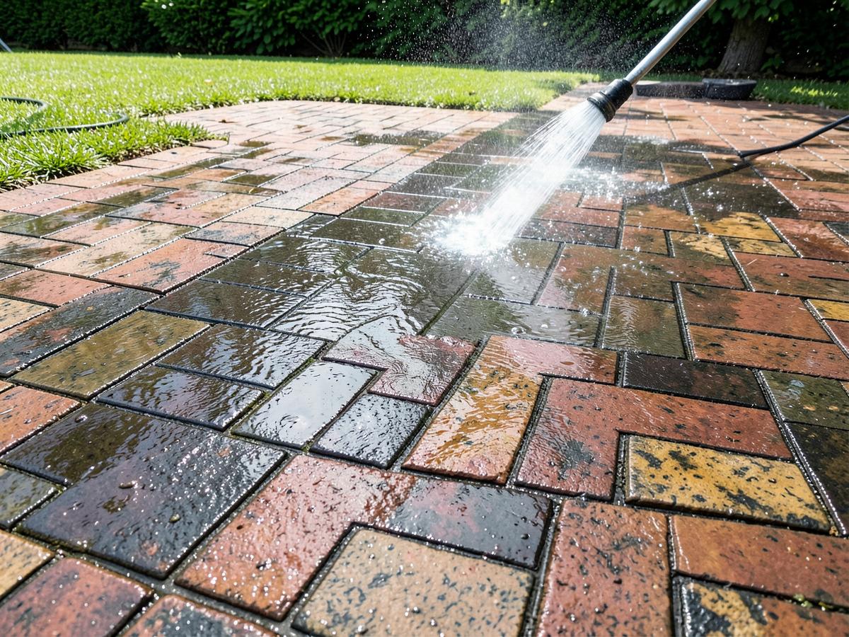 Pressure washing a brick paver patio